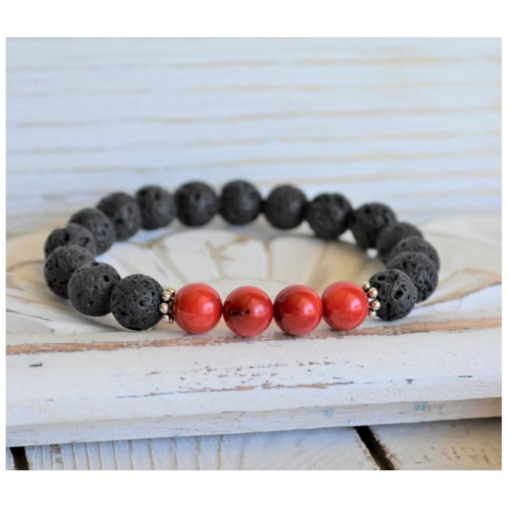 10mm Black Lava Rock and Red Turquoise Stretch Bracelet